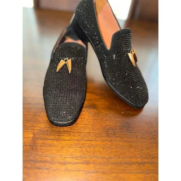 ELANROMAN  Black Rhinestone Studded Loafers w/ Gold Shark Tooth Detail Size 40 - Picture 2 of 9